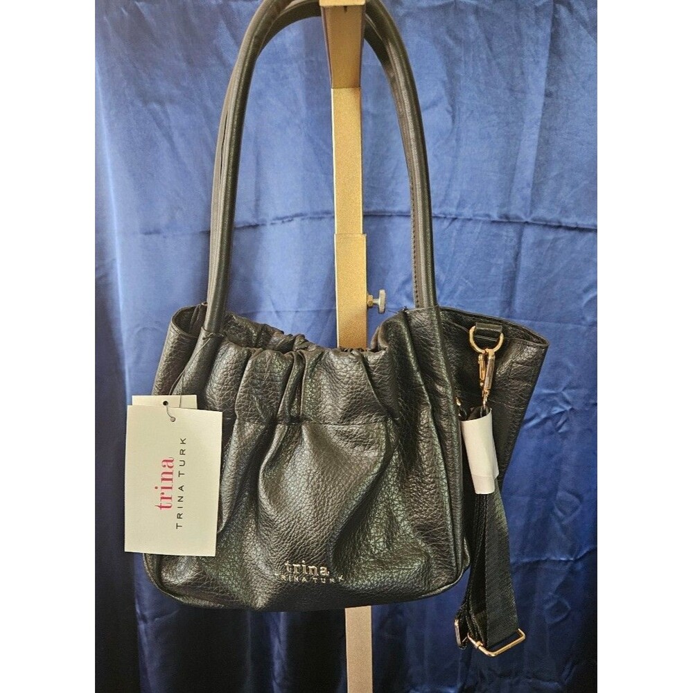 TRINA TURK BLACK VEGAN LEATHER SLOUCHY FINISH DUAL SHOULDER STRAP BAG NWT